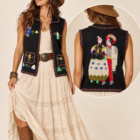 Collage Jackets & Blazers - Vintage 70s Collage Womens M Embroidered Applique Folk Art Sweater Vest Boho